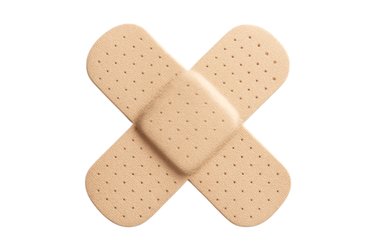 Crossed adhesive bandages in an X-shape. Medical plaster PNG clip art on a transparent background for a first aid icon, healthcare graphic, or concept of healing and repair. - Powered by Adobe