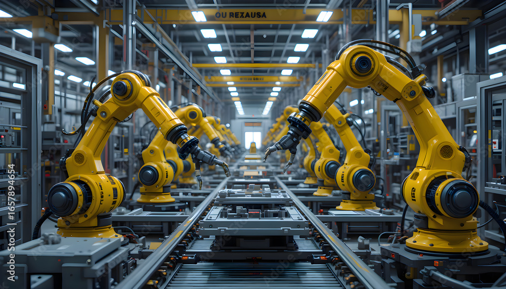 Poster group of industrial robots working on conveyor belt in factory, automation technology representing m