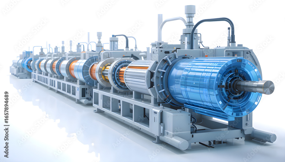 Poster industrial machine being worked on with visible details of tools and mechanical structure, showing t