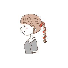 赤いリボンの女の子の横顔　イラスト
