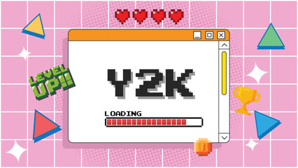 Fototapeta premium Y2K trendy set of objects, retro game,digital pet,pager , 1990s 2000s style, pixel heart, wow text