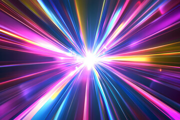 Abstract light trails with bright white starburst. Colorful speed motion background. Dynamic futuristic design for digital concept.
