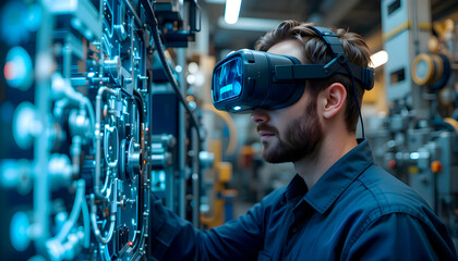 Man wearing virtual reality headset inside modern industrial factory, technology and innovation combining immersive VR experience with advanced industry setting
