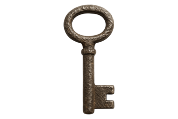 Antique skeleton key with a rustic metal texture. Old vintage key PNG clip art on a transparent background for an escape room prop, mystery book cover, or success concept.