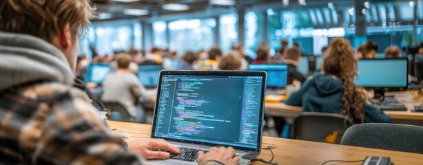 A developer works on a laptop in a lively collaborative environment, surrounded by teammates and brainstorming discussions; representing the idea of collaboration in software development.
