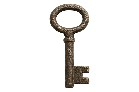 Antique skeleton key with a rustic metal texture. Old vintage key PNG clip art on a transparent background for an escape room prop, mystery book cover, or success concept.