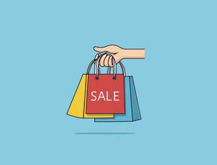 
A simple, flat vector illustration of a woman's hand holding shopping bags, with the text "SALE".