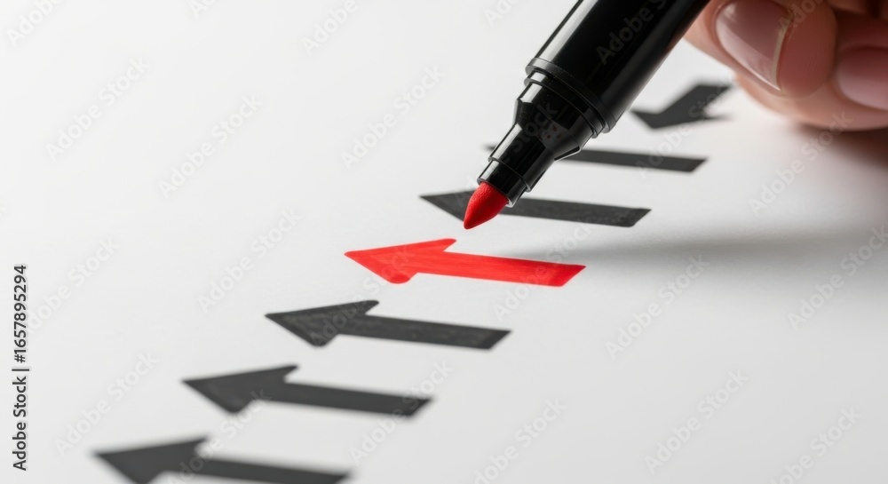 Poster red marker highlighting a different direction arrow among black arrows line up