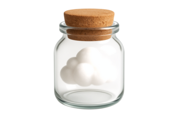 Conceptual surreal design of a fluffy white cloud inside a glass jar with a cork. Isolated PNG clip art on a transparent background for ideas, creativity, or weather concepts.
