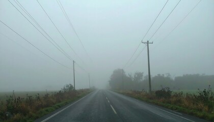 Fototapeta premium Misty rural road stretches onward through a hazy landscape, lined with utility poles and a tranquil countryside.