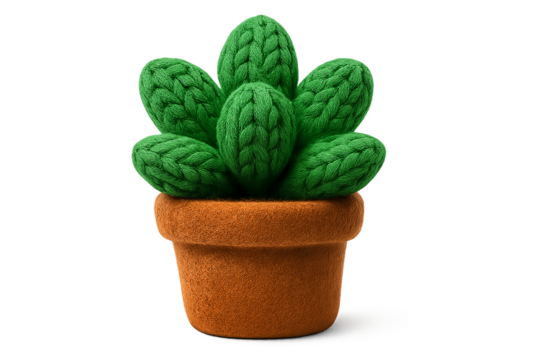 Handmade knitted cactus plant in a soft pot. Cozy green yarn succulent PNG clip art on a transparent background for a home decor graphic, cute sticker, or lifestyle blog.