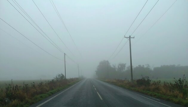 Misty rural road stretches onward through a hazy landscape, lined with utility poles and a tranquil countryside. - Powered by Adobe
