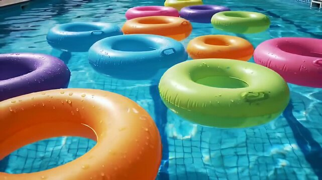 Vibrant Inflatable Rings Floating on Clear Blue Swimming Pool Water under Bright Sunlight for Summer Vacation Theme