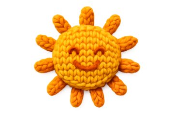 Cute knitted sun character with a smiling face. Handmade yellow yarn craft PNG clip art on a transparent background for a nursery decoration, baby shower card, or summer design.
