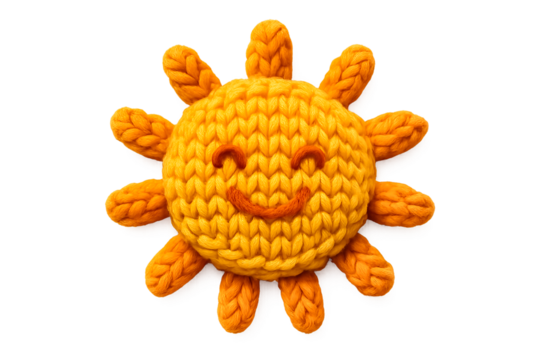 Cute knitted sun character with a smiling face. Handmade yellow yarn craft PNG clip art on a transparent background for a nursery decoration, baby shower card, or summer design.