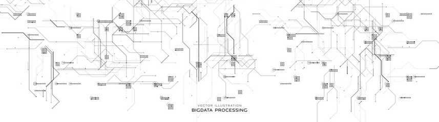 Monochrome digital circuit chip background, processor network. AI neural system lines texture. Cyber data flow tech pattern. Artificial intelligence technology backdrop. Vector illustration