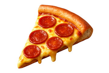 Realistic slice of pepperoni pizza with melting cheese. Savory fast food PNG clip art on a transparent background for a restaurant menu, food delivery flyer, or party invitation.