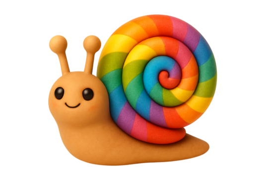 Cute claymation snail with a vibrant rainbow shell. 3D plasticine character PNG clip art on a transparent background for a children's book, nursery decor, or educational material.