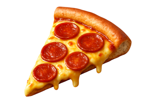 Realistic slice of pepperoni pizza with melting cheese. Savory fast food PNG clip art on a transparent background for a restaurant menu, food delivery flyer, or party invitation.