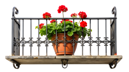 Tiny Wrought-Iron Balcony with Single Potted Red Geranium – Isolated on Transparent Background, AI Generated