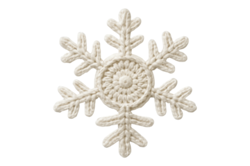 Handmade crochet snowflake ornament in white yarn. Isolated PNG clip art on a transparent background for a cozy Christmas, winter holiday card, or DIY craft project design.
