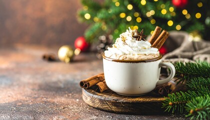 Coffee, Christmas cookies, and a hot chocolate dessert with cinnamon and milk on a brown plate for a sweet holiday breakfast