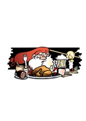 Santa is sitting at a well-set table in the glow of the vintage candle