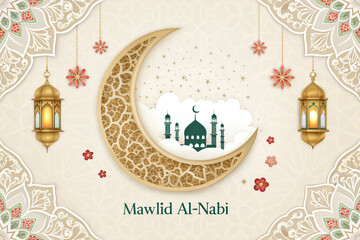 Fototapeta premium Mawlid al-Nabi Poster Design with Islamic Lanterns, Crescent Moon, and Arabic Calligraphy