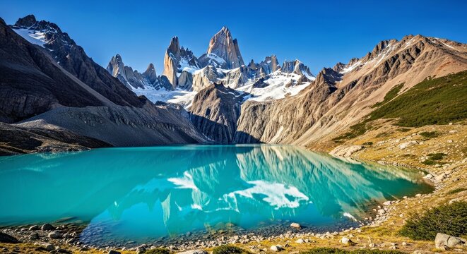 Fitz Roy mirrored in Laguna de los Tres, turquoise water.