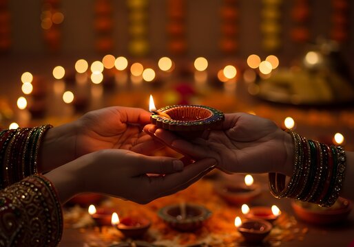 Close-up of hands adorned with traditional bangles holding a lit diya, symbolizing light and prosperity during the auspicious Hindu festival of Diwali. A beautiful scene.