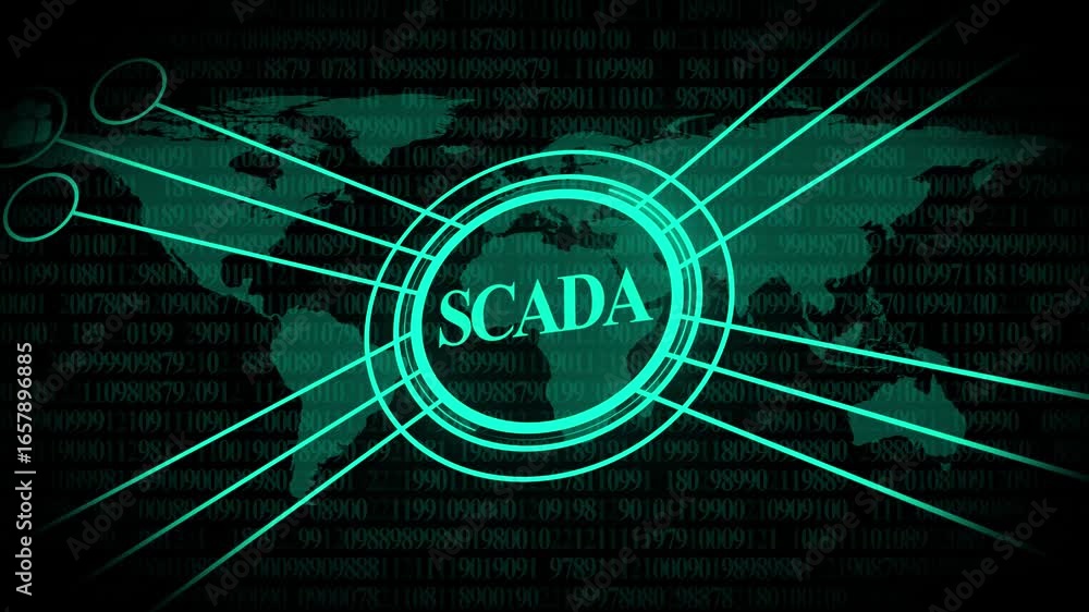 Poster global scada system network with digital data streams and world map overlay scada supervisory contro