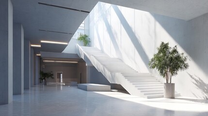 Stunning modern architectural interior with bright natural light illuminating a grand white staircase and lush plants.