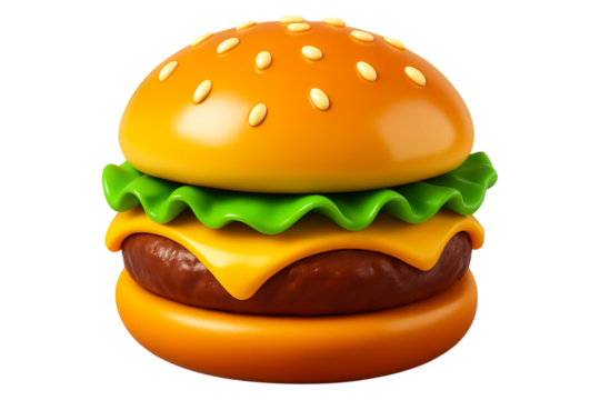 Cartoon cheeseburger 3D icon. Fun fast food hamburger PNG clip art on a transparent background for a restaurant menu, food delivery app, or promotional flyer design.