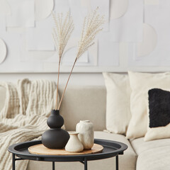 Stylish composition at fancy interior with wooden coffee table, dried flowers in vase, pillow,...
