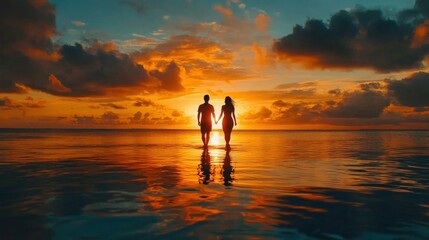 Fototapeta premium Couple Silhouetted Against a Vibrant Sunset.