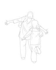 Line drawing of Mother and daughter, The girl runs to mother's embrace. Mother's Day, Love family, Parenthood concept