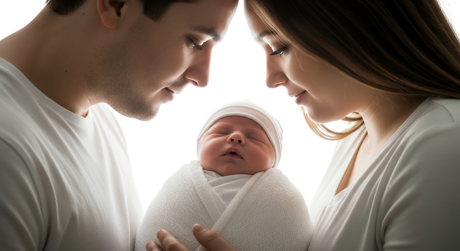 Loving parents gaze down at their peacefully sleeping newborn baby swaddled warmly isolate Family Love