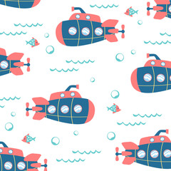 submarine ship sea and fish vactor cartoon seamless pattern design for kids apparel fullprint fabric