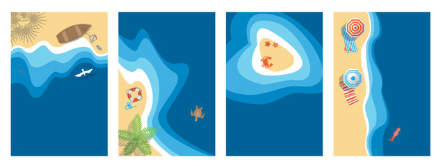 Top view of a set of colour minimalistic vector illustrations of sand coastline of blue sea, palm trees, boat, beach umbrellas, lifebuoy, seagulls, crab, turtle, starfish. Aerial. View from above © Алексей Шпадарук
