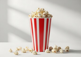 Tall red and white striped bucket overflowing with popcorn