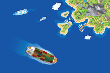 Aerial view of cargo ship, cruise ship, yacht and tropical island with sandy beaches, mountains, pier, boats, clouds and blue sea — shipping and travel concept. Vector. Top view. View from above.