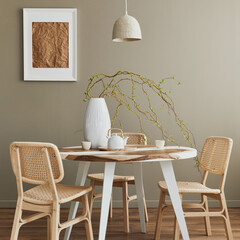 Stylish interior of dining room at cozy home with white mock up poster frame, design chairs, family...