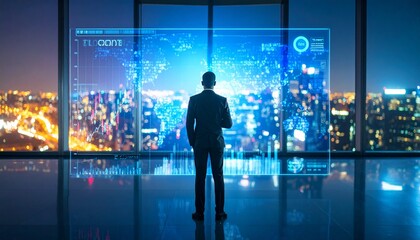A Businessman Observes A Futuristic Financial Data Display, Analyzing Global Market Trends And Economic Growth In A Modern Office Setting At Night, With City Lights In The Background.