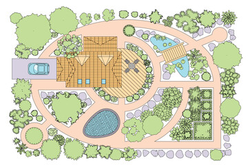 Fototapeta na wymiar Top view of a country house with a garden, ponds, swimming pool, recreation area, paths, tree, bush, car. The plan of the estate. View from above. Aerial.
