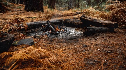 Obraz premium Campfire in forest with charred wood logs and ash for outdoor camping and adventure travel background image