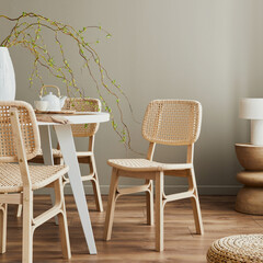 Stylish interior of dining room at cozy home with copy space, design chairs, family table, teapot, cups, decoration and elegant personal accessories in modern home decor. Template.