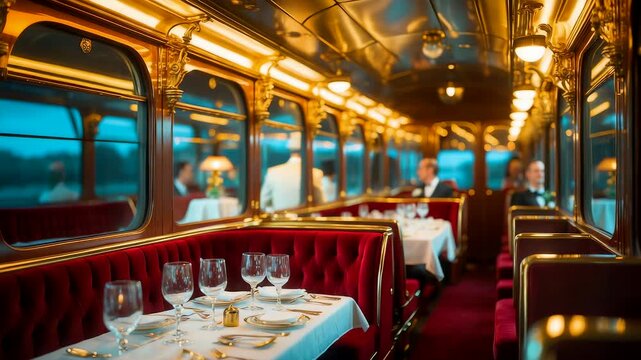 Luxurious Train Dining Car with Red Velvet Seats, White Tablecloths, and Golden Lights in Vintage Interior