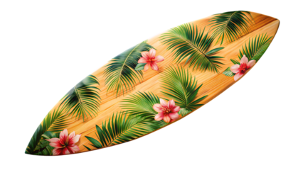Wooden surfboard with tropical palm leaves and pink flowers A I Generated cutout PNG isolated on a transparent background