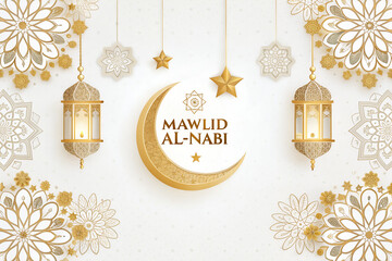 Mawlid al-Nabi Poster Design with Islamic Lanterns, Crescent Moon, and Arabic Calligraphy