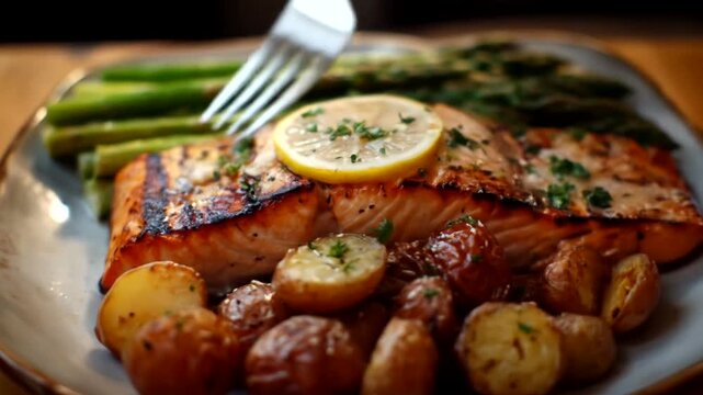 Grilled salmon fillet served with roasted potatoes and asparagus, a healthy and flavorful meal.